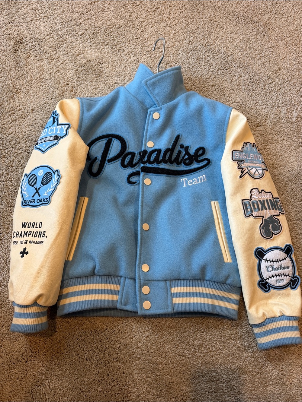 Kids Paradise Team Fleece Varsity Jacket - Light Blue & Cream